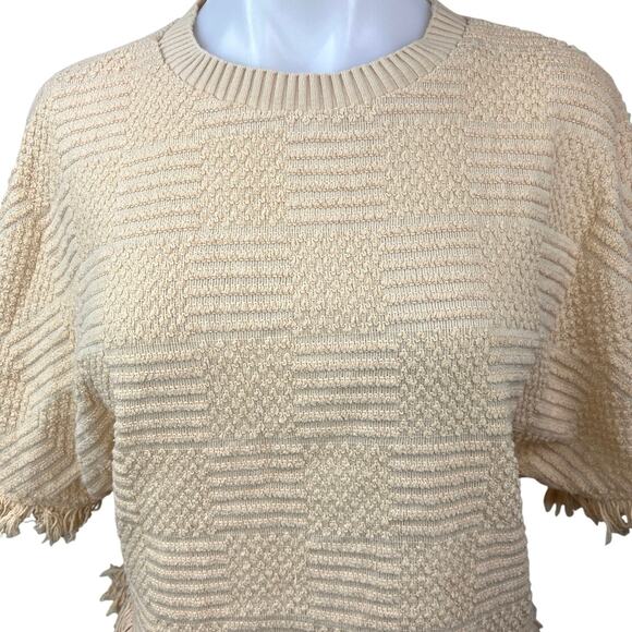 Zara Cream Beige Tweed Knit Fringe Crewneck Short Sleeve Sweater Top Size XS - Picture 10 of 11